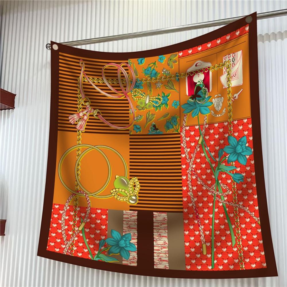 Silk Scarf Women Floral Printed Square Scarves Head Echarpes Silk Foulards Femme Wraps Beach Shawls Bandana Lady Hijabs 90CM