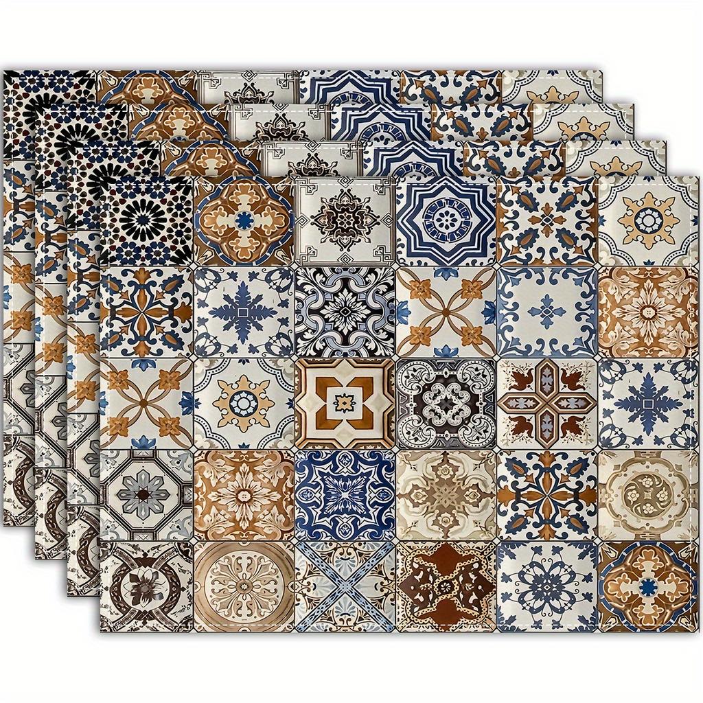 Elegant Chinoiserie Placemats 4Pcs Set Vibrant Blue & Green Floral Design Rectangular Table Mats for Dining & Home Decor