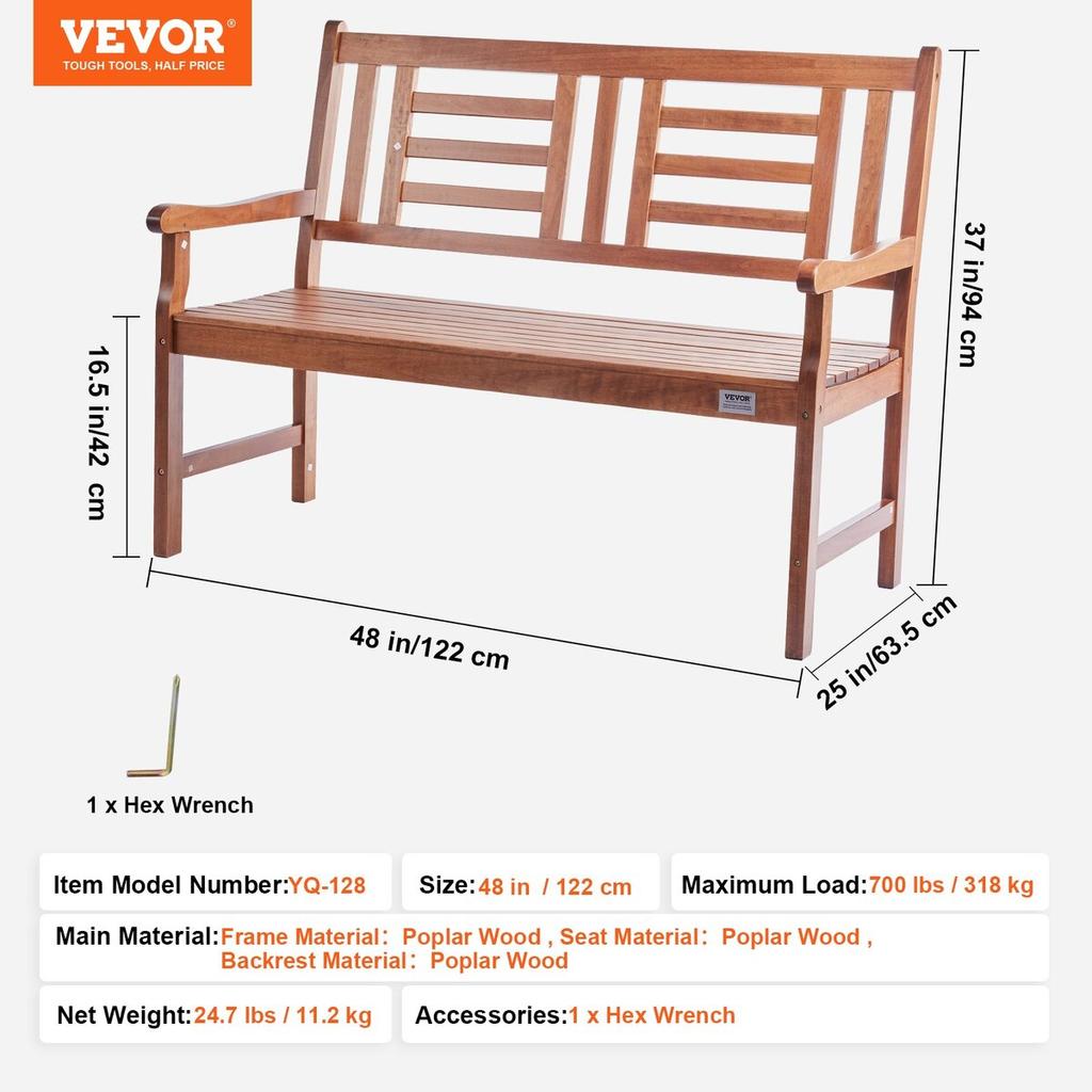 Outdoor Bench 48 In/121.9 Cm Wood Garden Bench 700 Lbs/317.5 Kg Park Patio Yard Porch Bench