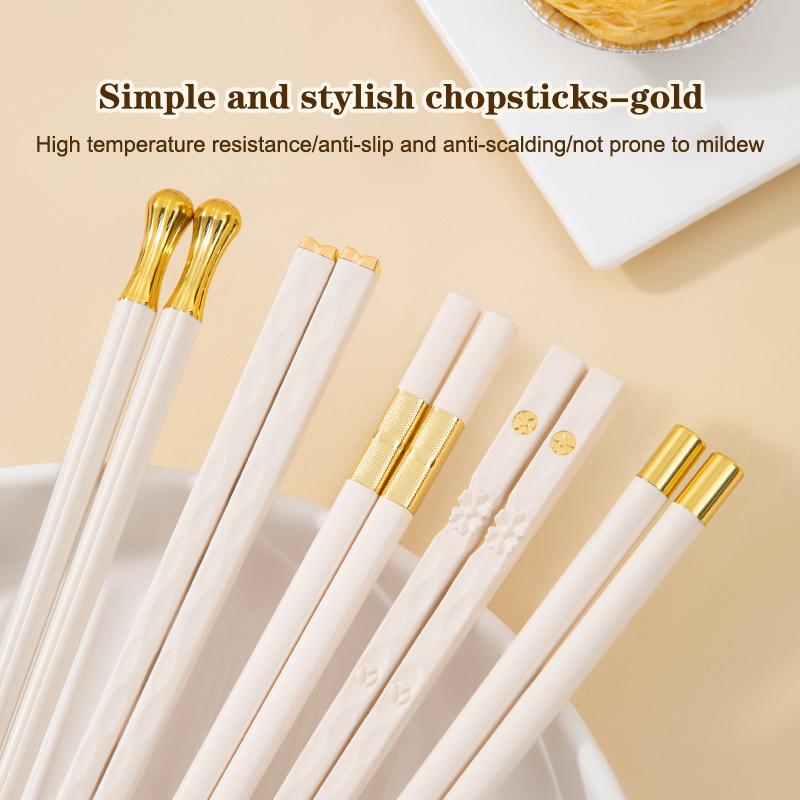 5/10Pairs White Gold Chopsticks Set Healthy Korean Sushi Sticks Chopsticks Reusable Non-Slip Chopsticks For Party Hotel Restaura
