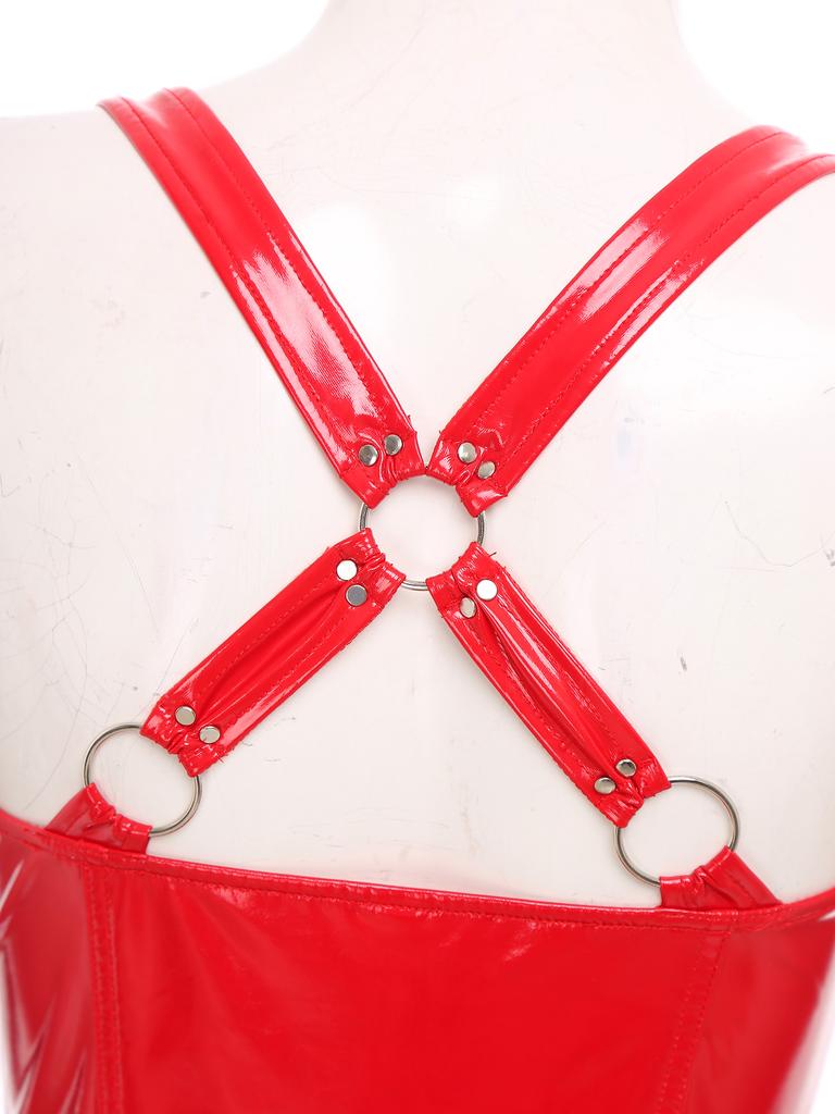 Mouwloze gothic punkjurk voor dames met lage halslijn, ritssluiting aan de voorkant, gekruiste A-lijn en glanzende wet-look, geschikt voor in de club.