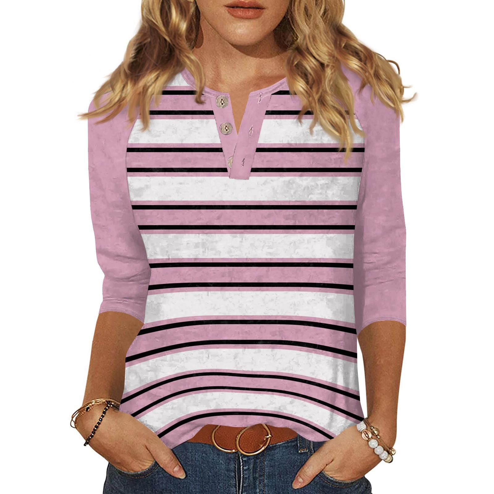 

Жен. Футболка С принтом Пуговицы Рукав 3/4 Повседневные Выходные Мода Классический Классический V-образный вырез Обычный Верх XL розовый