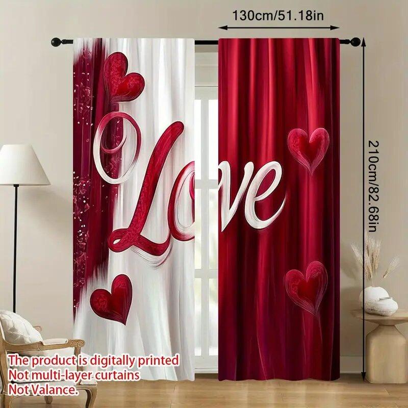 2 Stück - 2D flach bedruckte romantische rot-weiße Musterdruckvorhänge, Fensterdekoration, Heimdekoration, Raumdekoration