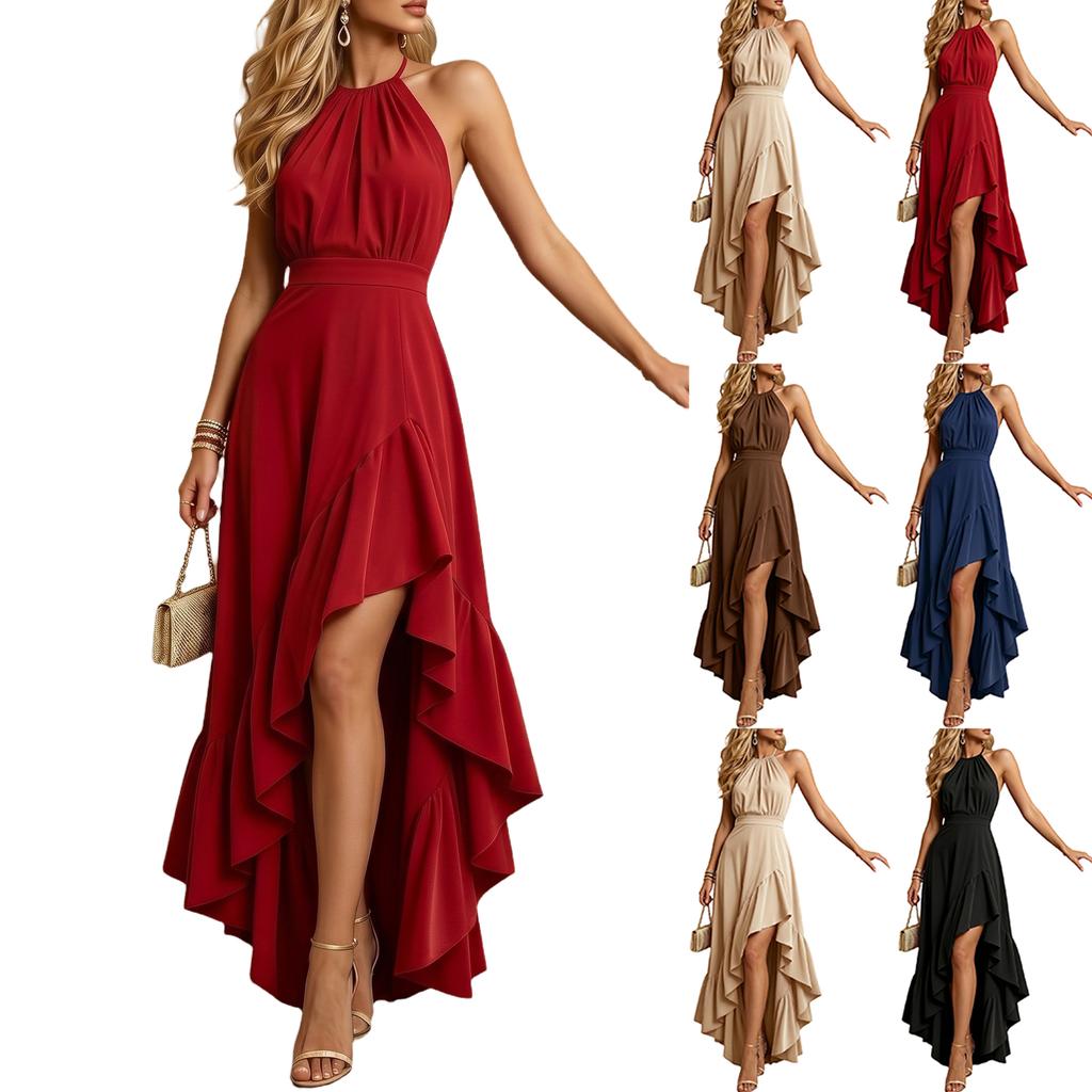Women's Color Neck Ruffle Hem Long Formal Dress for Evening Parties