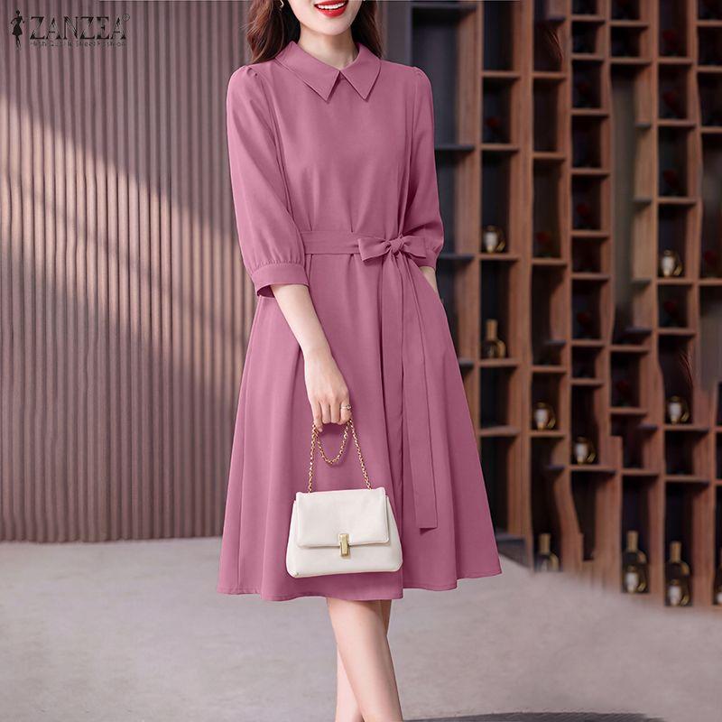 ZANZEA Women Casual Turn Down Collar Solid Color 3/4 Sleeve Loose Dress