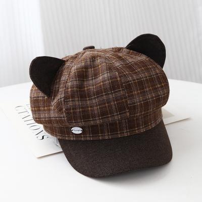 Sweet and Cute Plaid Cat Ears Octagonal Hat Women's Spring and Autumn New Fashion Versatile Face Small Newsboy Painter Hat