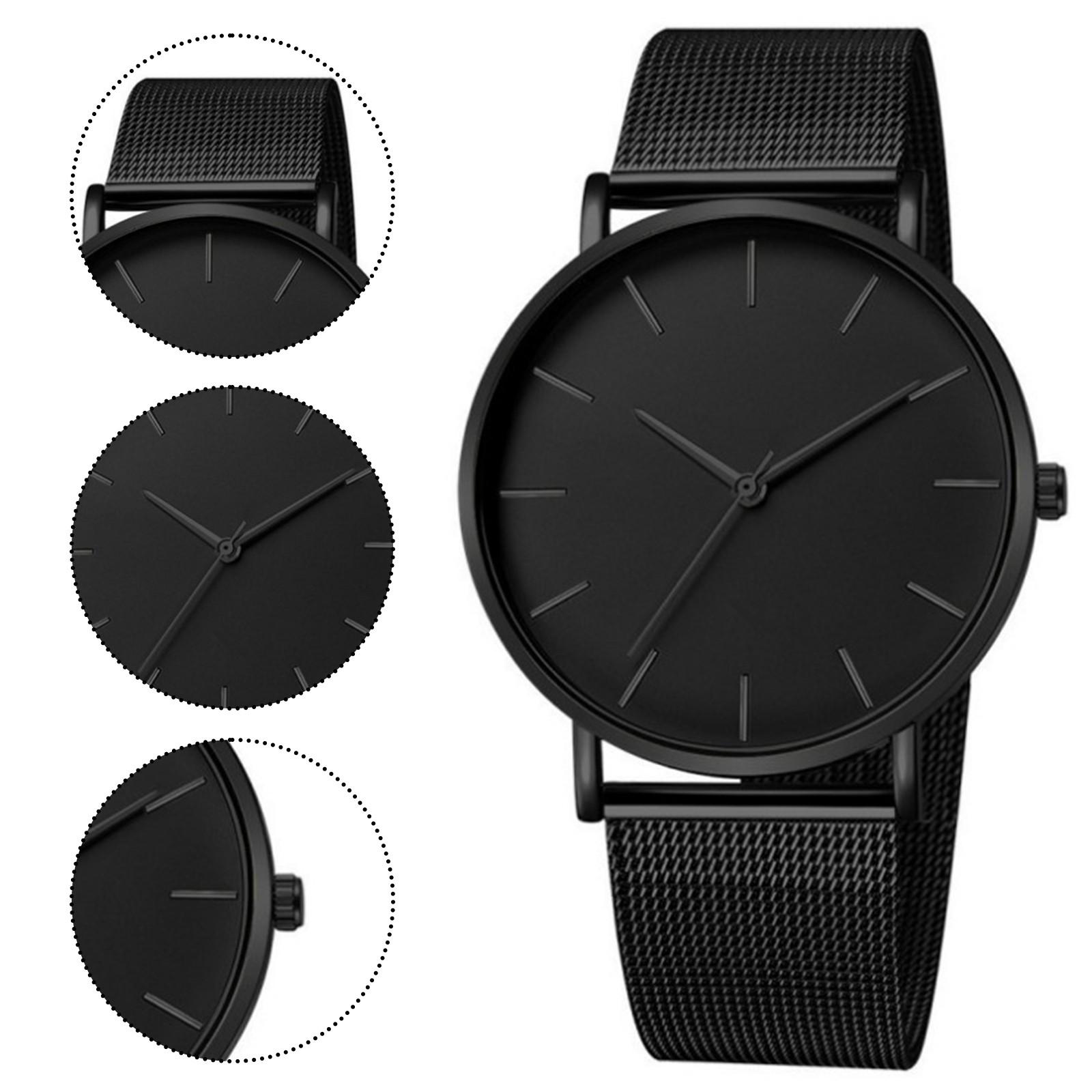 

Trendy Minimalist Men’s Watch Modern Black Mesh Band Quartz Watch Chic Gold Accent Matte Black Face Slim Round Case Wristwatch