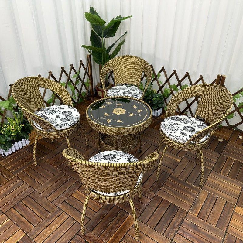 Three-Piece Chinese Style Rattan Table and Chair Set - Indoor Balcony Swivel Chair, Durable Round Five-Piece Swivel Design