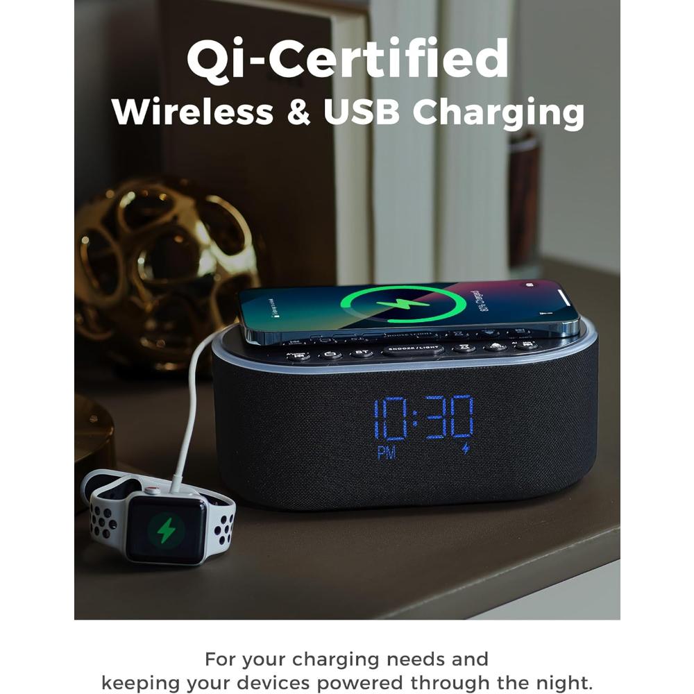 Wireless Charging Alarm Clock Radio: Qi Certified Fast Wireless Charger for iPhone Samsung - 10W Stereo Wall Clocks
