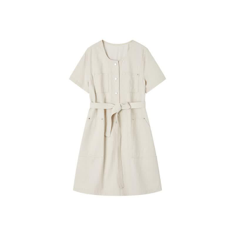 Demana Linen Blend Tencel Cotton Collarless Straight Dress