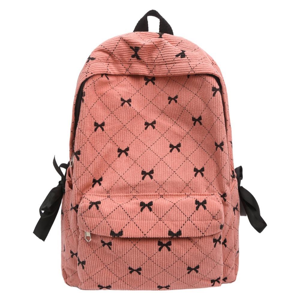 Korean Style Corduroy Backpack Bow Print Adjustable Strap Student Schoolbag Large Capacity Double Shoulder Bag Middle School