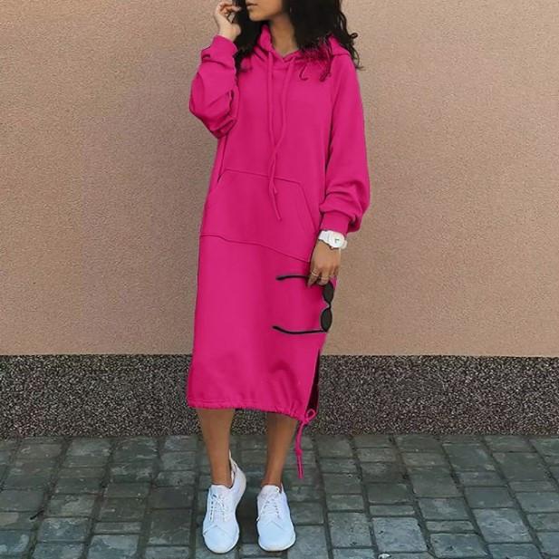 Casual Solid Color Hoodie Dresses Women Fashion Pocket Drawstring Slit Pullover Hooded Sweatshirt Dress Autumn Winter Vestidos