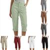 Women Casual Capri Pants High Waisted Rolled Cuff Ankle Pants Solid Color Pocket Detail Loose Fit Trousers