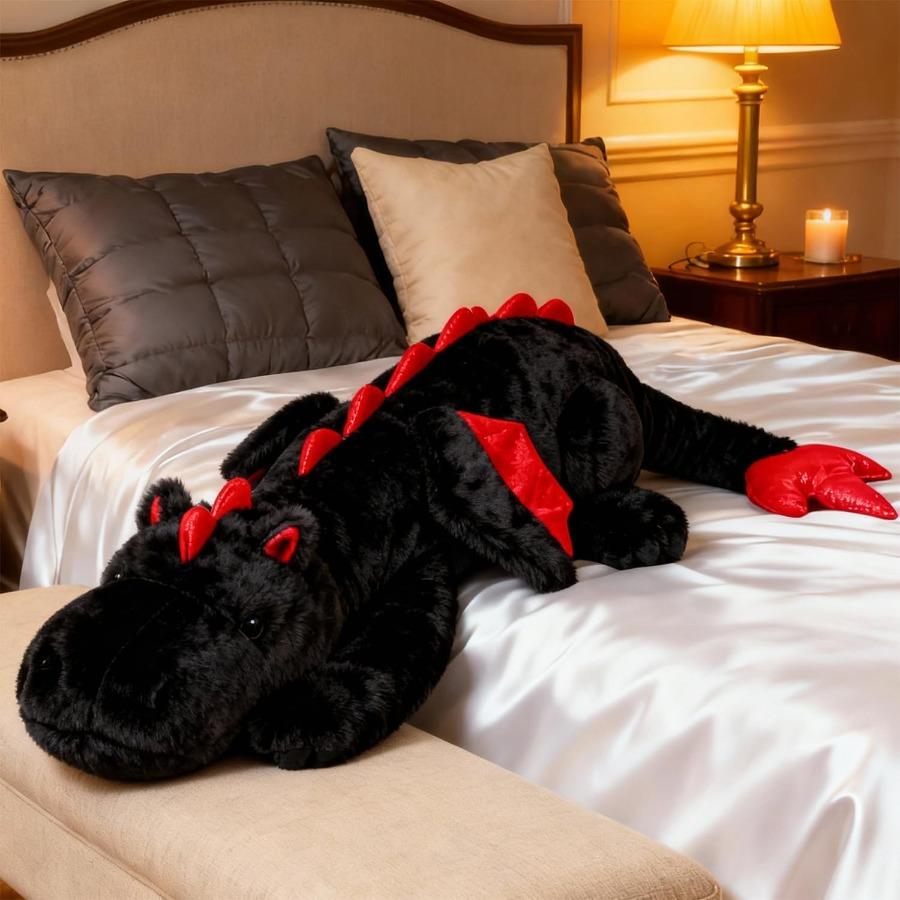 Giant 50in 3Lb Black Dragon Stuffed Animal Featuring Wings Fuzzy Plush Toy Cuddly Gentle Green Pterosaur Plushie Designed for Friends Family Me