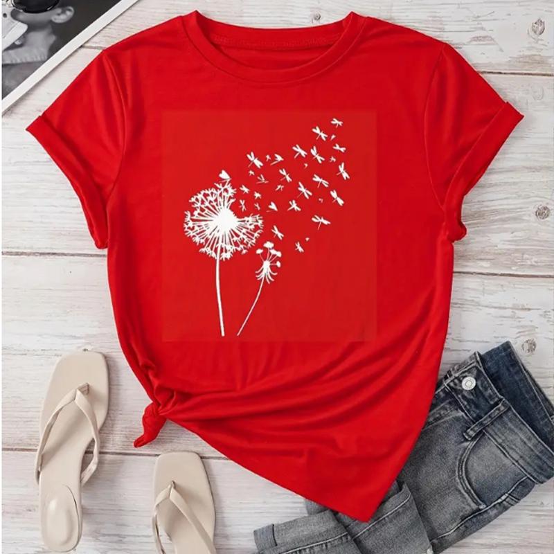T-shirt à col rond imprimé pissenlit, T-shirt décontracté à manches courtes pour le printemps et l'été, Vêtements pour femmes