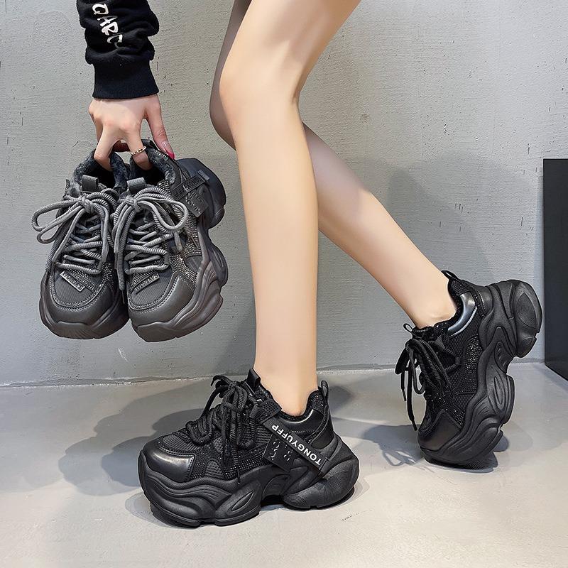 Height-increasing dad shoes women's platform autumn new versatile small man fleece warm belt drill sports shoes cotton shoes