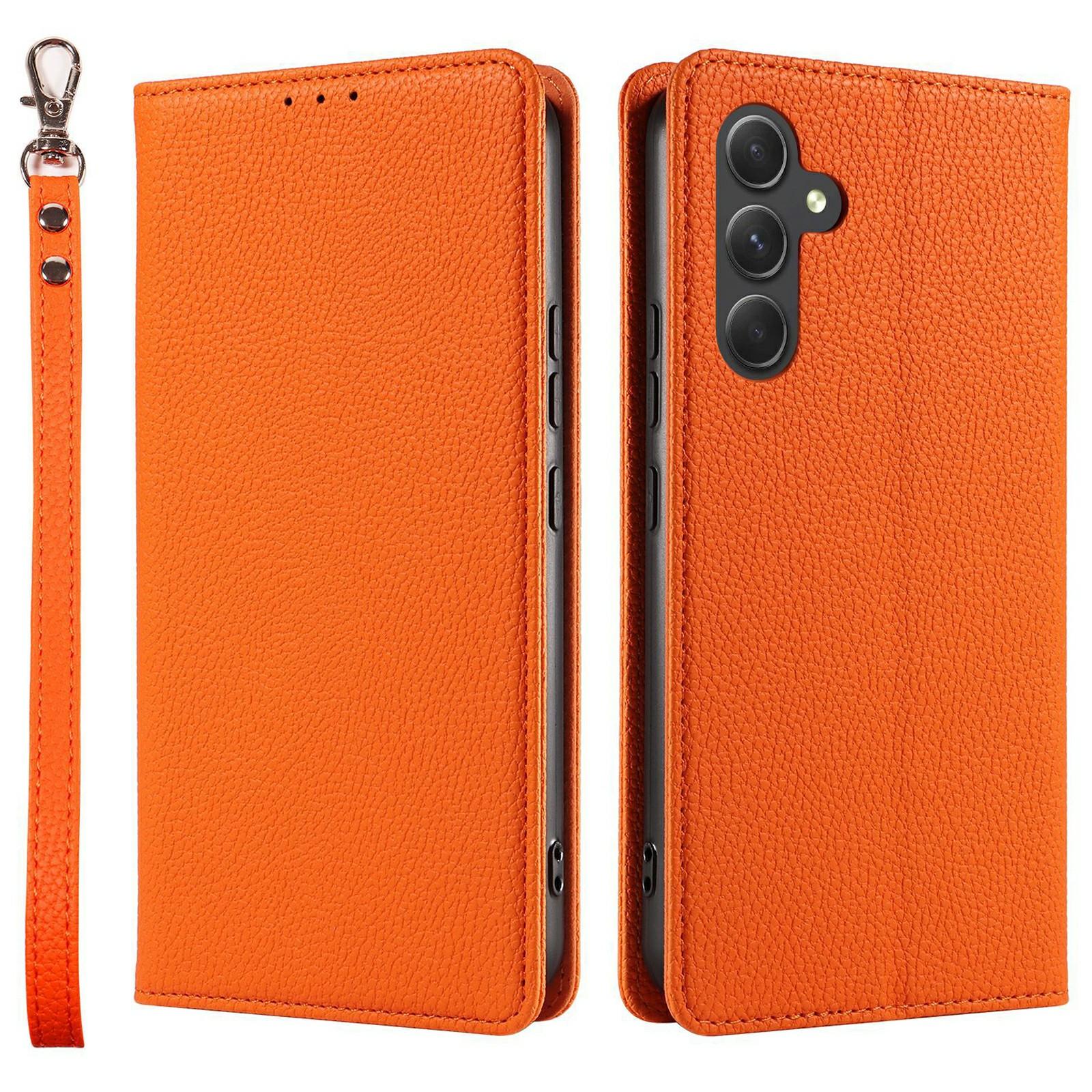 

Чехол для Samsung Galaxy A56 5G Магнитный Кошелек с Текстурой Личи Кожаный Чехол для Телефона с Ремешком на Запястье Orange
