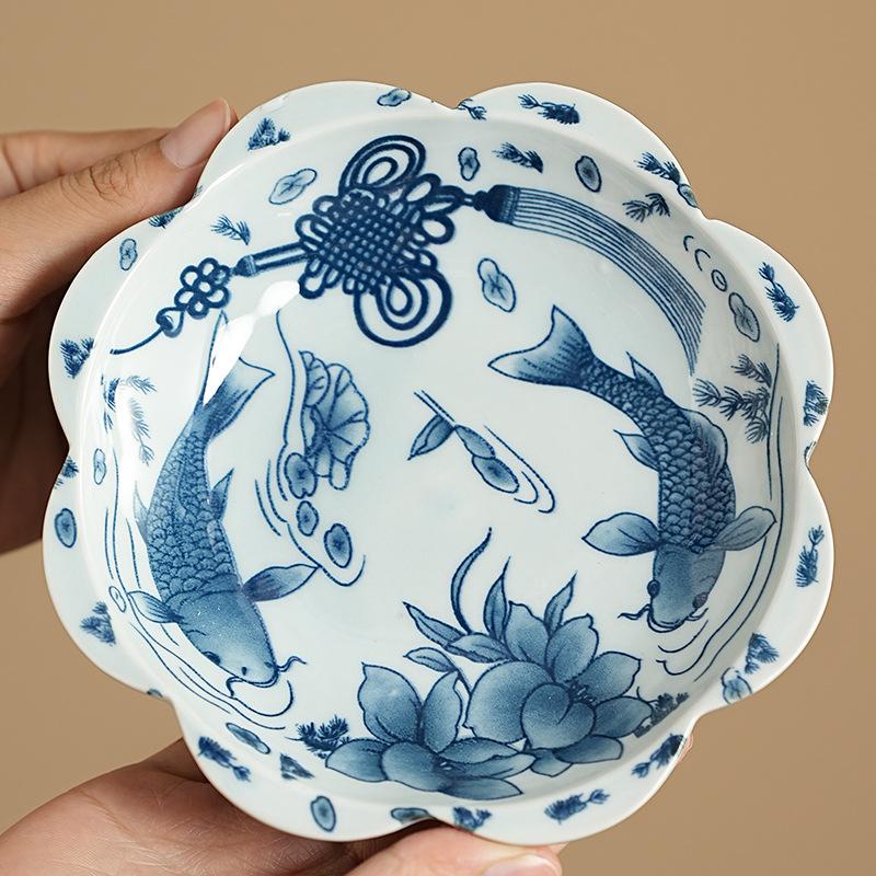 Blue and White Porcelain High Foot Dessert Plate Creative Ceramic Fruit Tray for Tea Room Dry Nuts Snacks Serving Tray
