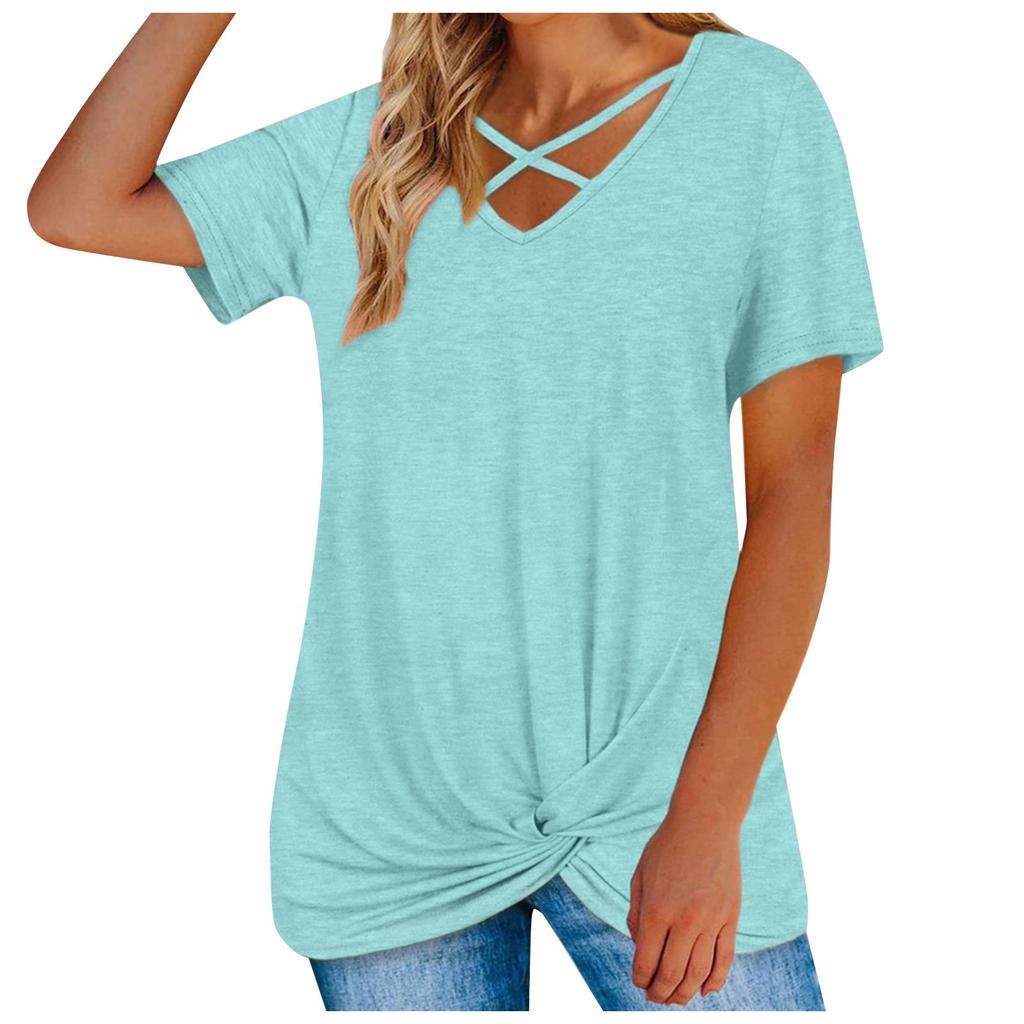 Women's Casual Fashion Sexy Solid Color Pullover Comfortable And Cool Cross V-neck Short-sleeved Loose T-shirt