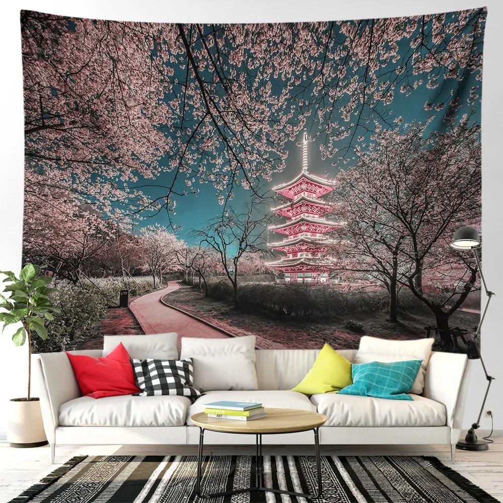 Pink cherry blossom tree mountain forest wall tapestry home decoration living room bedroom background hanging cloth