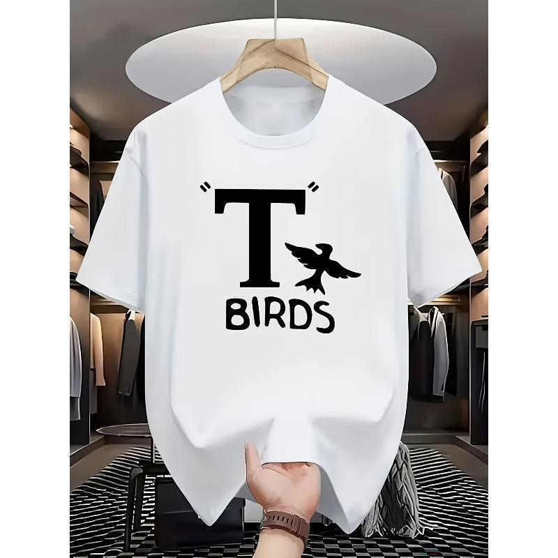 

European sizes Vintage-style Crew Neck Short-sleeve T-shirt Featuring a Large Black Letter T with a Flying Bird Silhouette and BIRDS Text Print 4XL білий