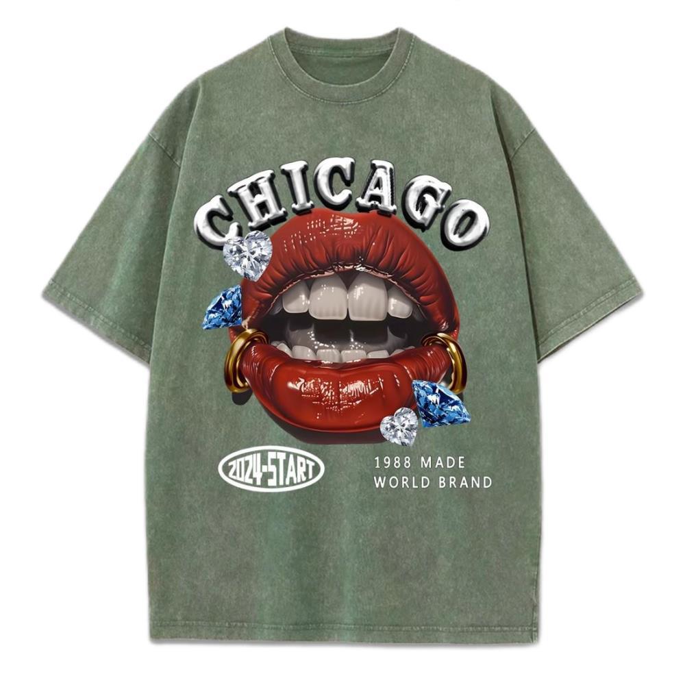 Chicago 1988 Made World Brand Prints Washed T-Shirt Women Co S темно-зеленого