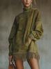 Women's High Neck Fringe Hem Mini Dress Long Sleeve Velvet Look Loose Autumn Winter Dress