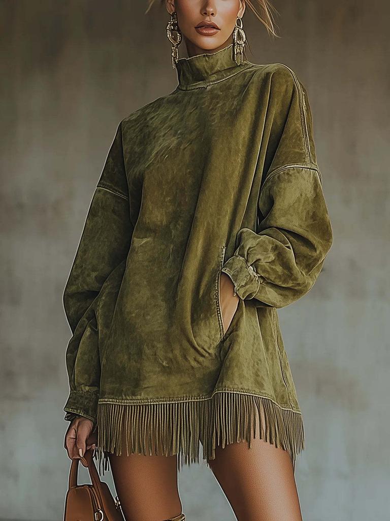Women's High Neck Fringe Hem Mini Dress Long Sleeve Velvet Look Loose Autumn Winter Dress