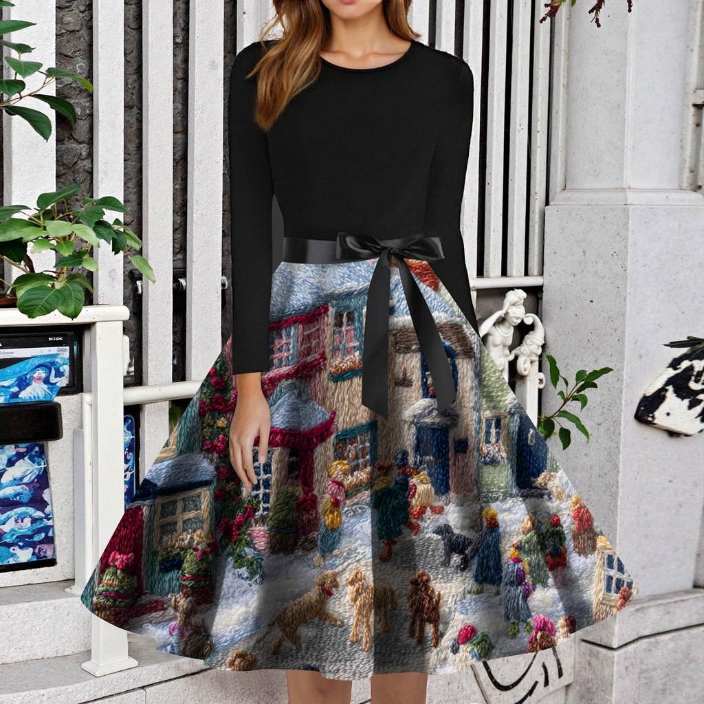 Dame Mote Rund Hals Slim-Fit Juleprint Langermet Kjole