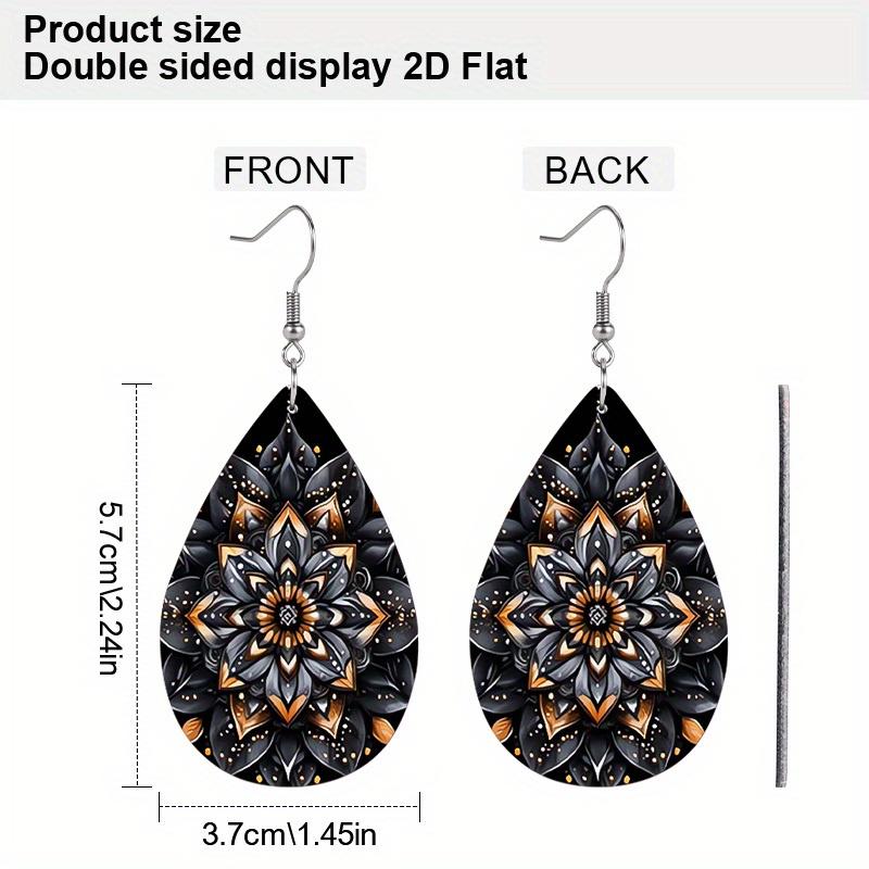 Elegant Mandala Floral Black White PU Drop Dangle Earrings for Women, Boho Mandala Flower Beach Theme Double Sided Hoop Earring