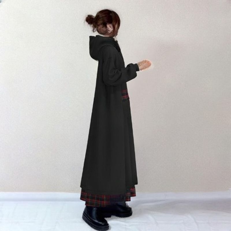 Japanese Style New Fall Women's Clothing Long Sleeves Hooded Plaid Stitching Fake Two-Piece Loose Slimming Long Sweater Dress