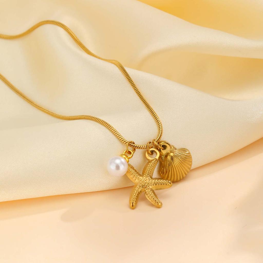 Chic Starfish Shell Necklace for Women,Gold Color Marine Style Stainless Steel Round Snake Chain Necklaces,Trendy Jewelry Gift