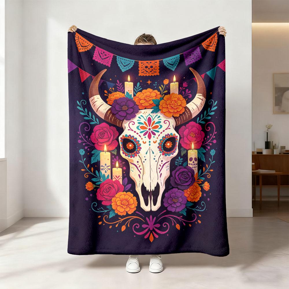 Day Of The Dead Flower Printed Cow Skull Flannel Blanket Multi Sizes Cozy Sofa Throw Nap Blanket For Office Break Festival H
