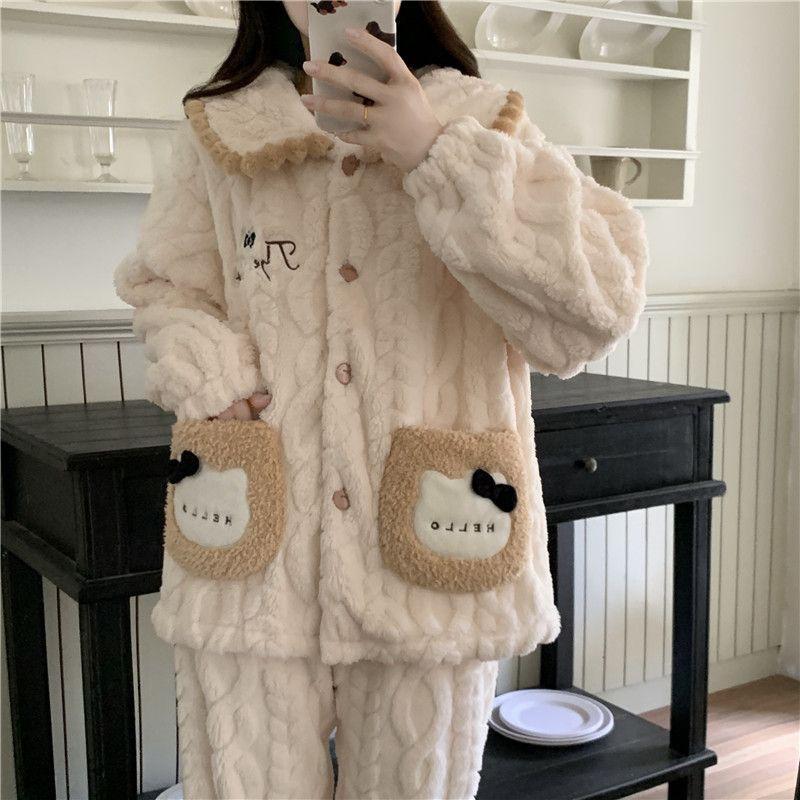 Womens Coral Fleece Pajama Set Princess Style Thick Warm Flannel Loungewear Winter
