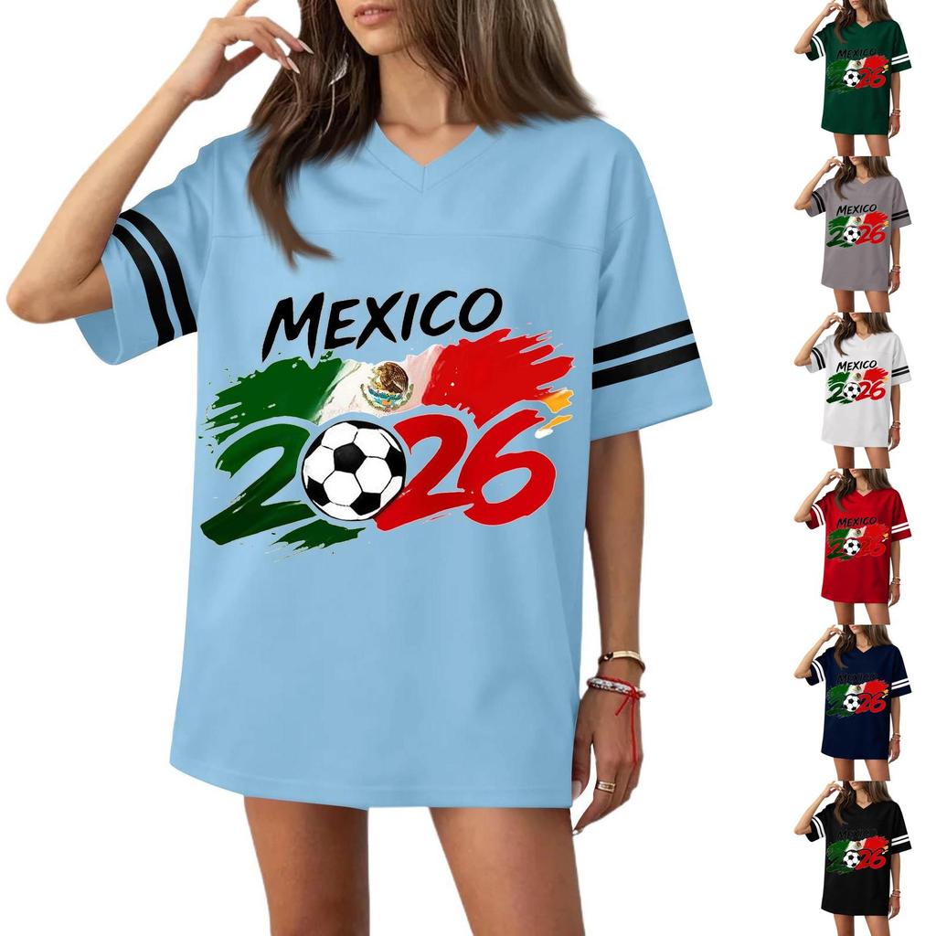 Women V Neck Short Sleeve Soccer Jersey Style Top with Football Flag Print Casual Loose Fit T Shirt for Sports and