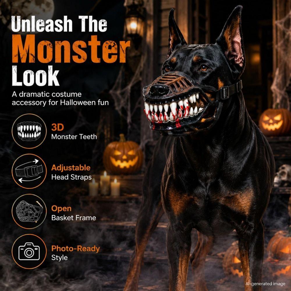 Durable Latex Scary Dog Muzzle Flexible Adjustable Strap Halloween Dog Muzzle 3D Teeth Lifelike Teeth Dogs Mask Party Cosplay 3