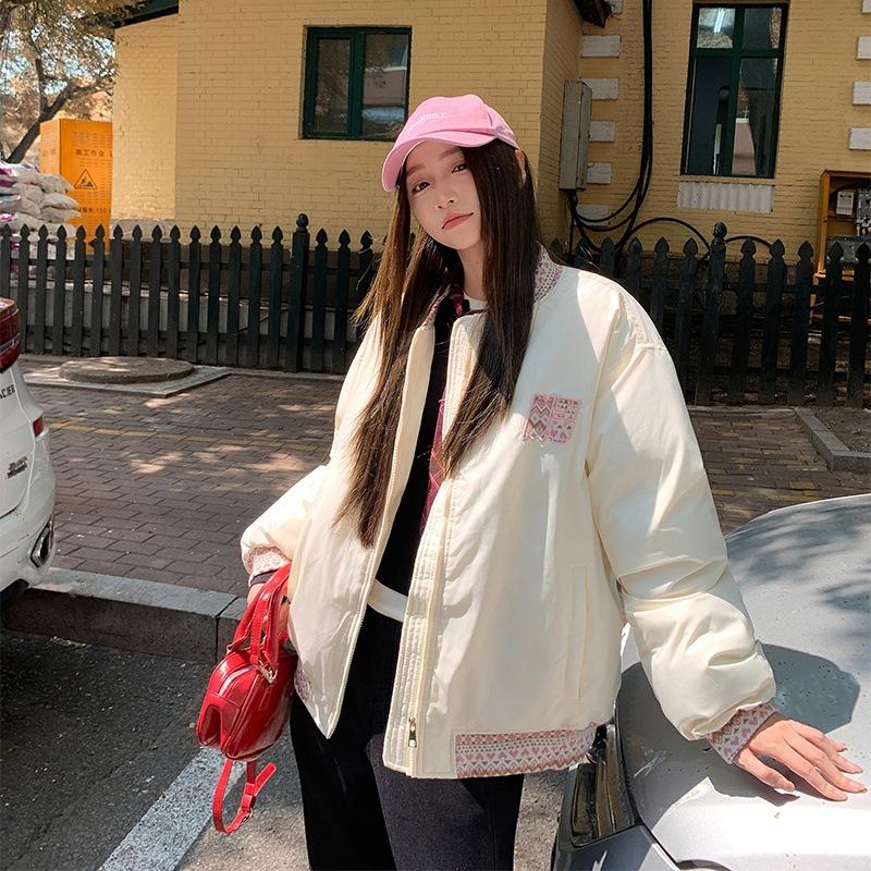 New Winter Ethnic Style Jacquard Cotton Jacket, Loose Cotton and Thickened Couple Baseball Uniform Design Jacket