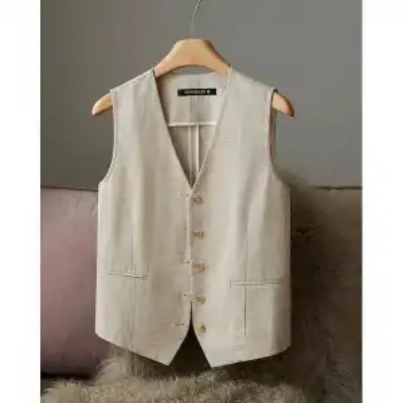 Women's White Linen Blend V-Neck Button Front Waistcoat Casual Vest Gilet