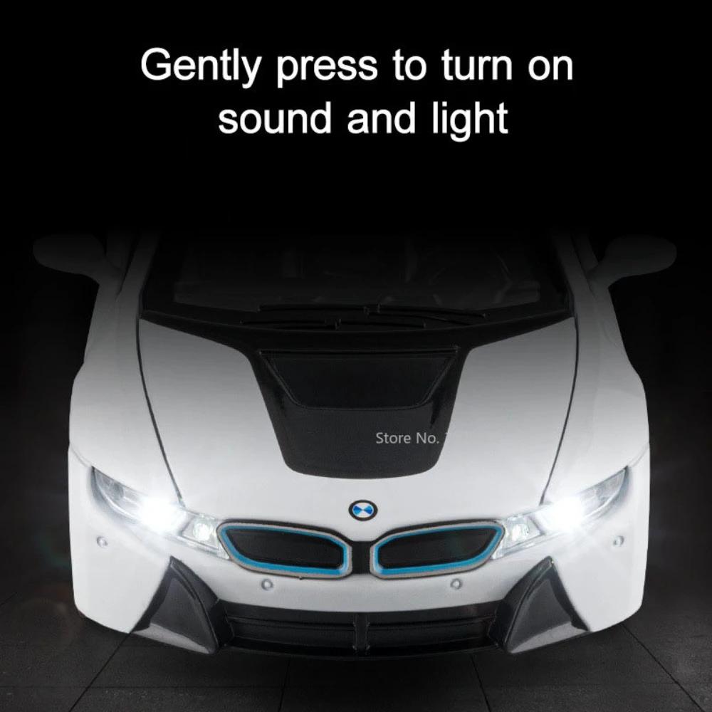1/22 I8 Supercar Modell Legierung Druckguss Spielzeugfahrzeuge mit Sound Licht Pull Buck Hohe Simulationsmodellauto Junge Spielzeug Geschenke Sammlung