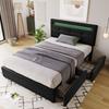 Bed Frame with LED Lighting, 2 Drawers, Single Upholstered Bed 90x200cm, Height-Adjustable Headboard, Wooden Slatted Frame, Black (Without Mattress)