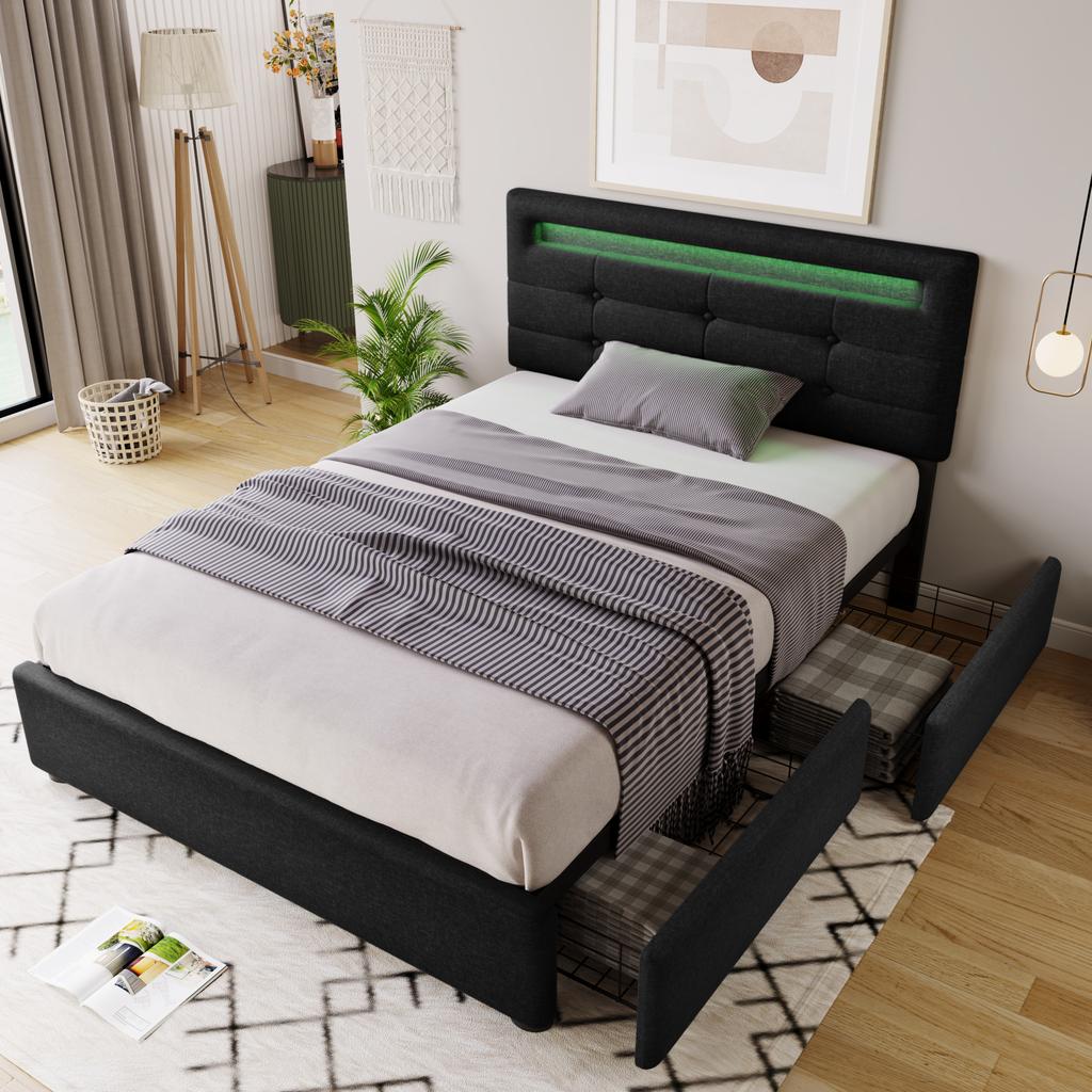Bed Frame with LED Lighting, 2 Drawers, Single Upholstered Bed 90x200cm, Height-Adjustable Headboard, Wooden Slatted Frame, Black (Without Mattress)