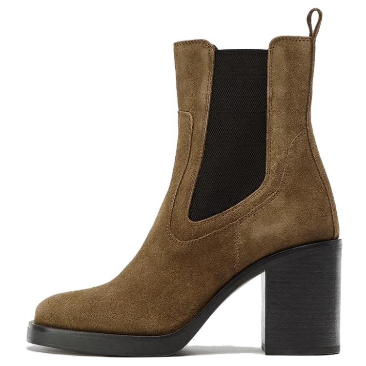 Zara Leather Comfortable Fashionable Simple High Heel Short Chelsea Boots 8.5cm Women boots Brown 12113510105