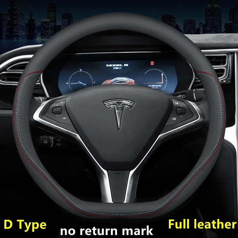 Nappa Leather Car Steering Wheel Cover For Tesla Model 3 Y S X 2019 - 2025 4 Seasons 36-38 CM Black Auto Interior Accessories