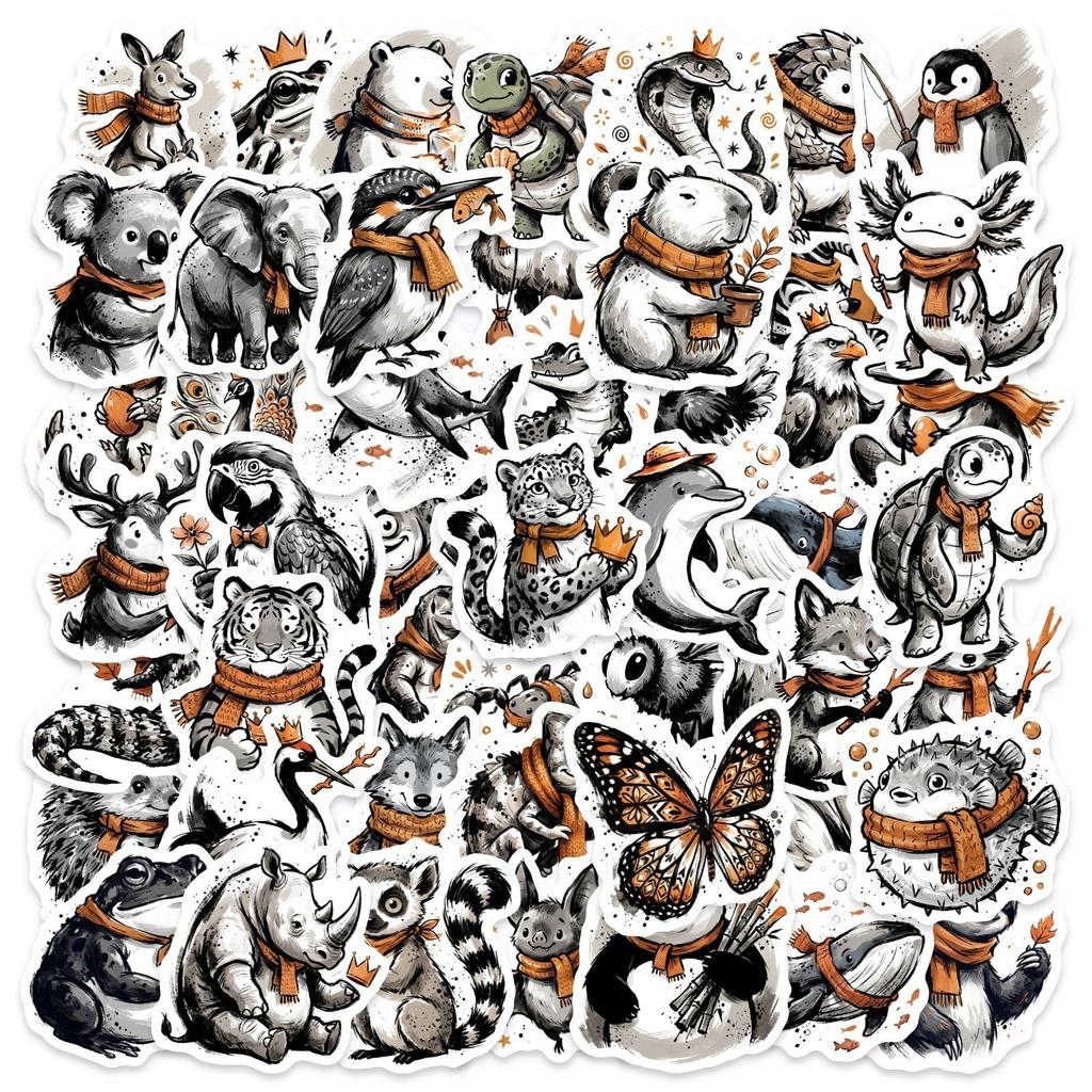 50 Retro Forest Small Animal Stickers Hand-Painted Wind Waterproof Hand Account Material Decorative Waterproof Sticker
