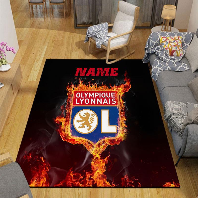 Custom Name,Olympique Lyonnais Home Sofa Decoration for Living Room & Bedroom, Non‑Slip Play Flannel Floor Mat for Game Room