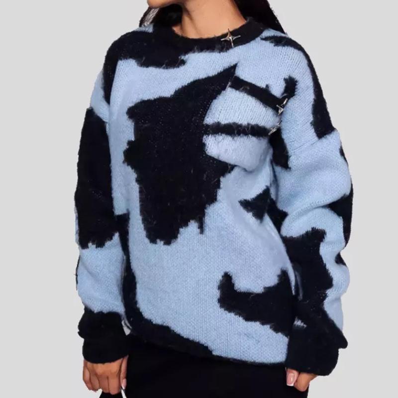 IHUASU Women's Clashing O-Neck Large Size Sweater Autumn and Winter Loose Trend Cross Border Knit Top