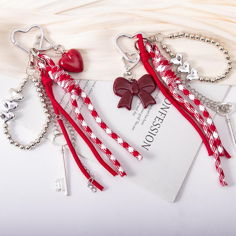Red And White Plaid Rope Bag Charm With Or Bow Pendant Silver Beaded Chain And Tassel Design For Backpack Decor Daily Use Bag Charm