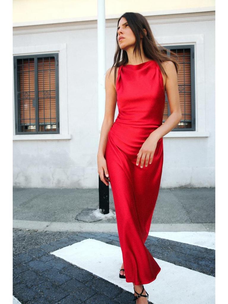 European and American Women's Satin Mid-length Dress with Ruched Waist and Cowl Neck.