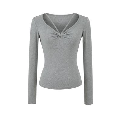 Pure Desire Deep V-neck Twist Shoulder Long Sleeve Korean Style Waist-Cinching Slimming Top