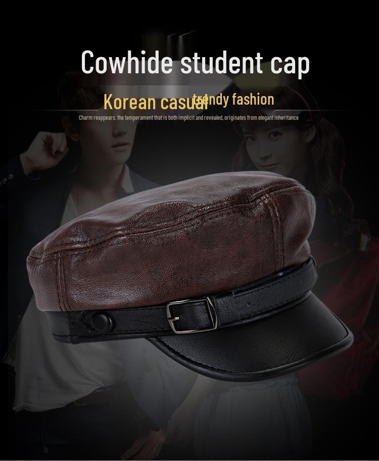 Korean Style Genuine Leather Duckbill Cap for Men & Women - Autumn/Winter Flat Top Military Biker Cap